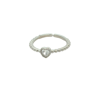 Anillo plateado con zirconias corazón y diseño de bolitas RA04-05