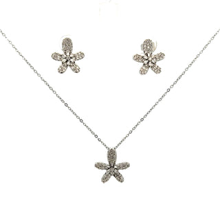 Set plateado con forma de flor abierta llena de sirconias FT03038