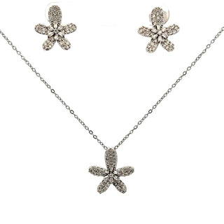 Set plateado con forma de flor abierta llena de sirconias FT03038