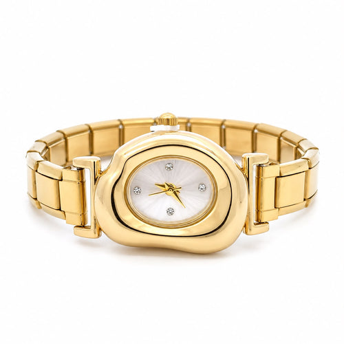 Reloj asimetrico dorado con caratula blanca y detalles de zirconias SB1904