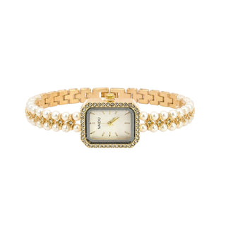 Reloj dorado rectangular con perlas bisel de zirconias SB1907