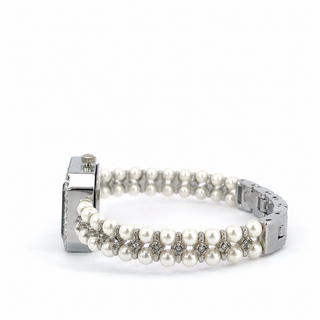 Reloj rectangular elegante con zirconias y perlas naidu plateado SB1604