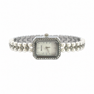 Reloj rectangular elegante con zirconias y perlas naidu plateado SB1604