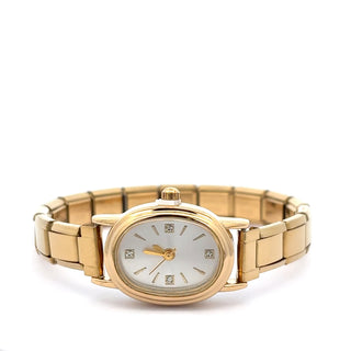 Reloj dorado ovalado con caratula blanca y destalles de zirconia SB1902